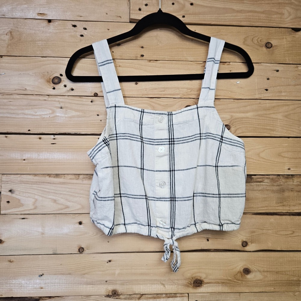 A New Day Womens Medium Cream Plaid Linen Blend Button‎ Front Tie Crop Top Tank